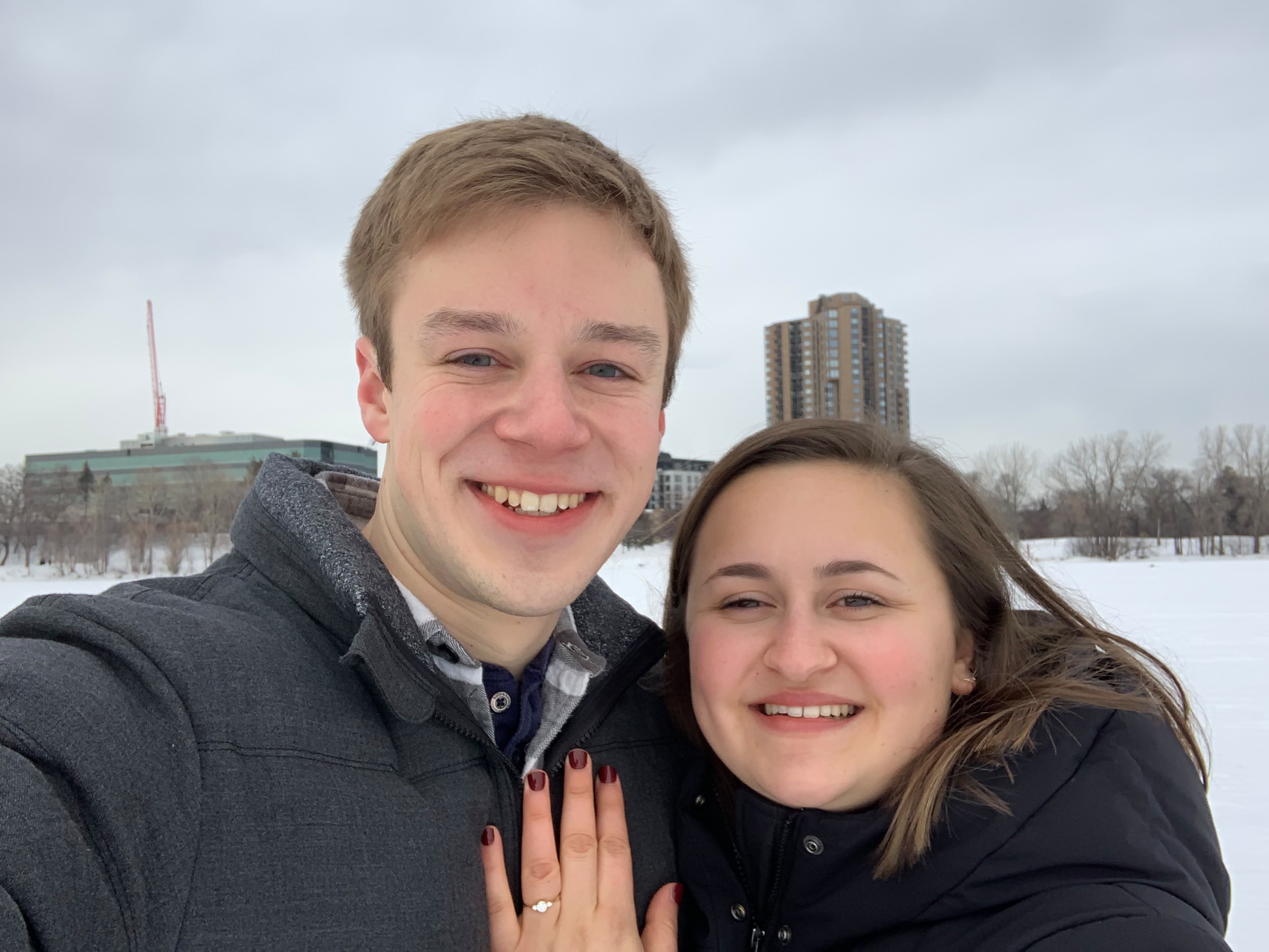 Abigail and Eric on a frozen lake moments after Eric proposed.